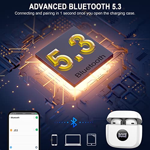 Wireless Earbuds, Bluetooth 5.3 Ear Buds LED Power Display Headphones Bass Stereo, Earbuds in-Ear Noise Cancelling Mic, 40H Playback Mini Case IP7 Waterproof Sports Earphones for Android iOS