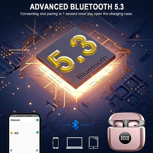 Wireless Earbuds, Bluetooth 5.3 Ear Buds LED Power Display Headphones Bass Stereo, Earbuds in-Ear Noise Cancelling Mic, 40H Playback Mini Case IP7 Waterproof Sports Earphones for Android iOS