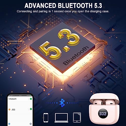 Wireless Earbuds, Bluetooth 5.3 Ear Buds LED Power Display Headphones Bass Stereo, Earbuds in-Ear Noise Cancelling Mic, 40H Playback Mini Case IP7 Waterproof Sports Earphones for Android iOS