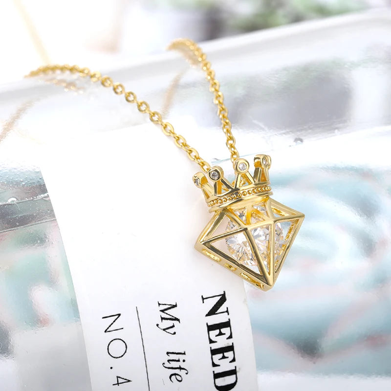 Rhinestone Crown Shape Pendant Necklace For Women Luxury Zircon Crystal Choker Chain Wedding Necklaces Jewelry Collares