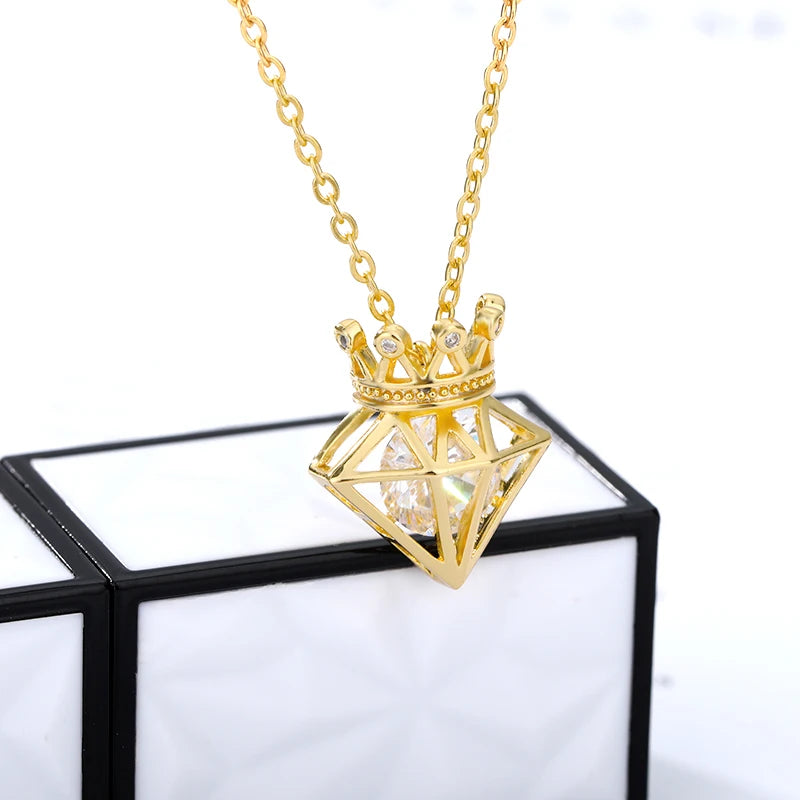 Rhinestone Crown Shape Pendant Necklace For Women Luxury Zircon Crystal Choker Chain Wedding Necklaces Jewelry Collares