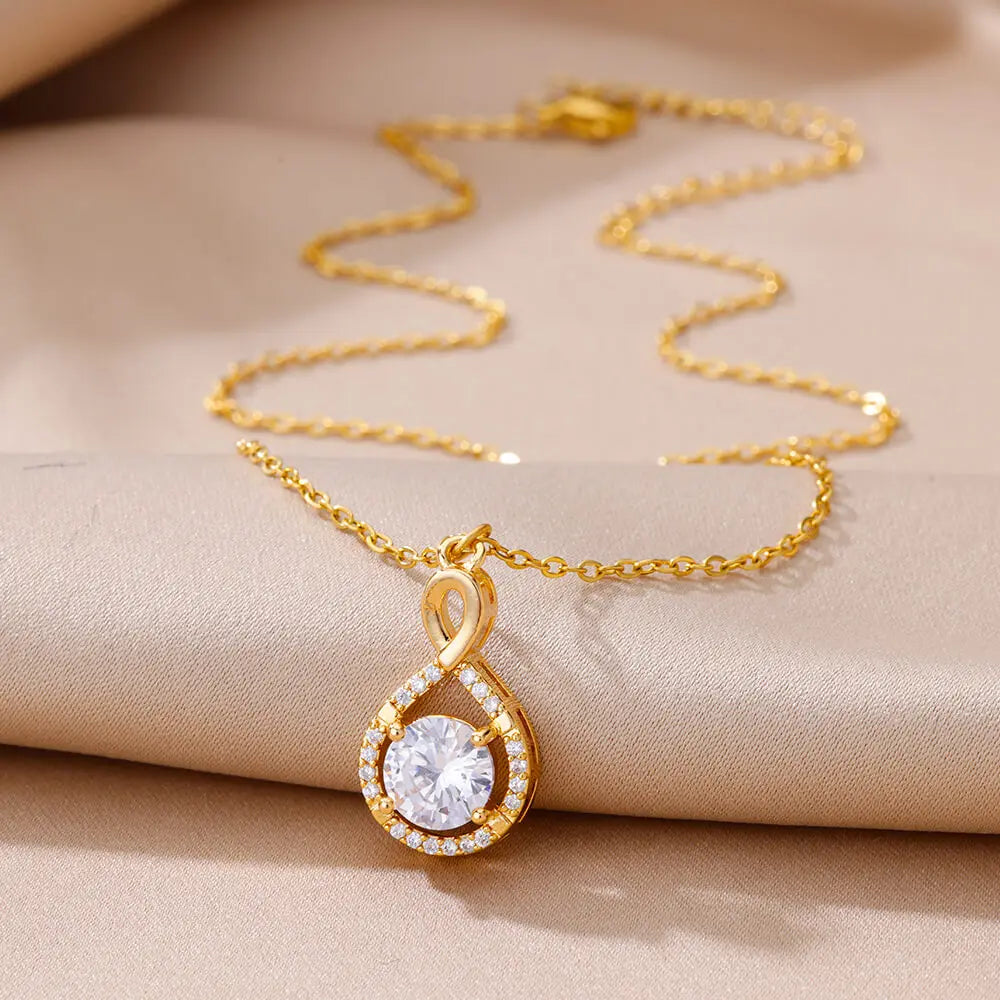 Stainless Steel Gold Plated Geometry Pendant Clavicle Chain Necklace For Women Luxury Zircon Choker Necklaces Wedding Party