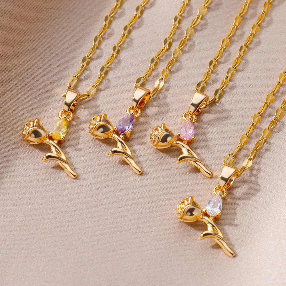 Rose Flower Pendant Necklaces For Women Gold Plated Stainless Steel Colorful Zircon Necklace Clavicle Chain Wedding Jewelry Gift