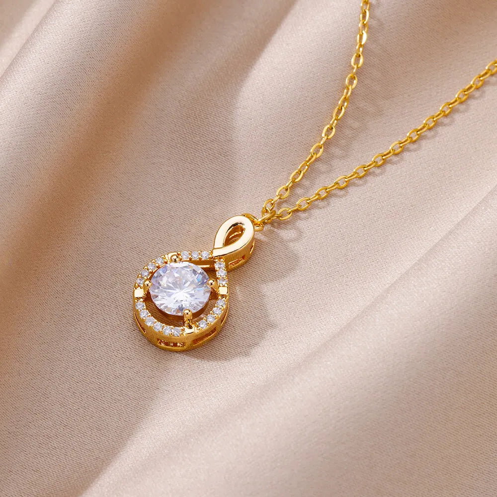 Stainless Steel Gold Plated Geometry Pendant Clavicle Chain Necklace For Women Luxury Zircon Choker Necklaces Wedding Party