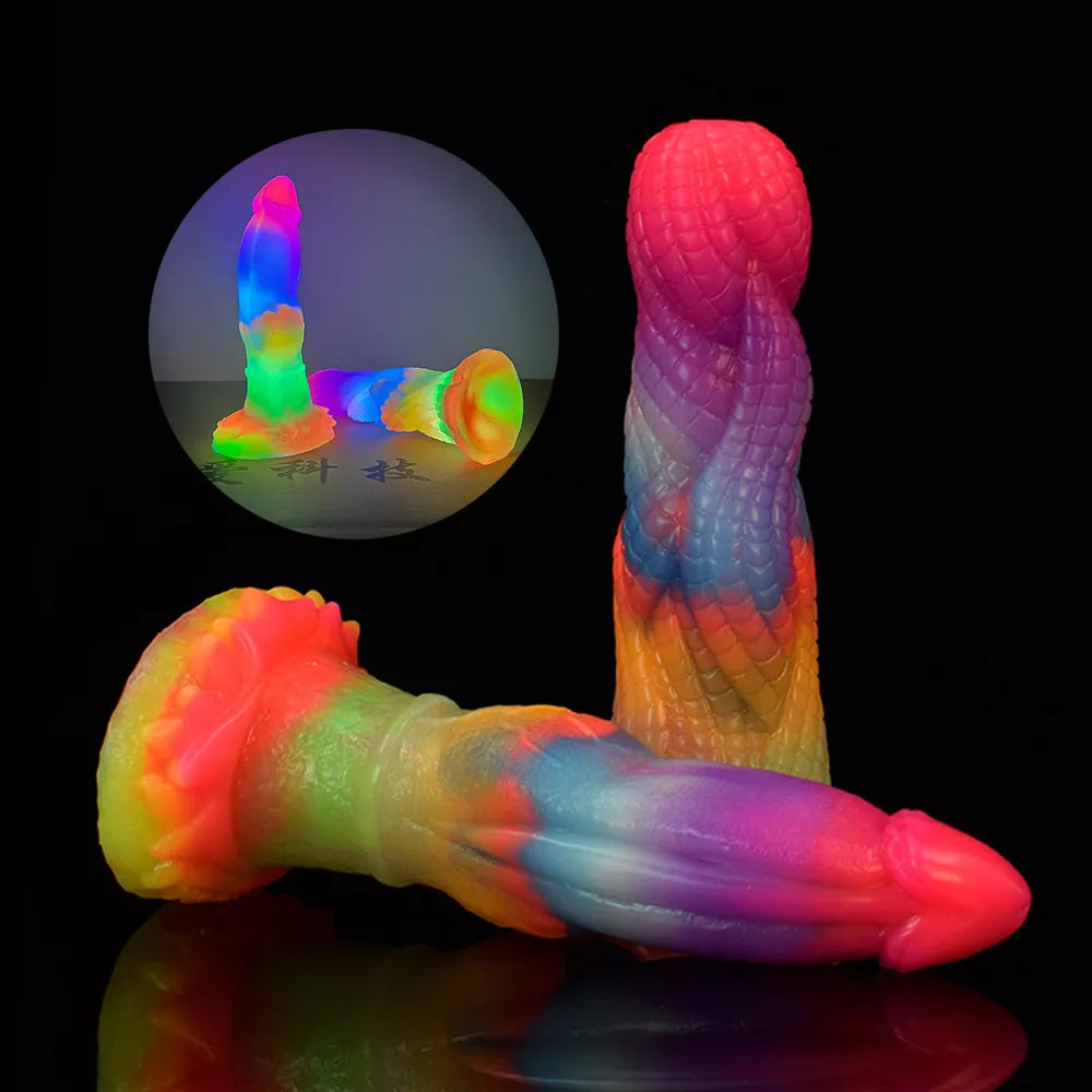 GEEBA Beginners Luminous Animal Knot Dildo Anal Plug for Women Men Silicone Glow in Dark Penis with Sucker Sex Toys ButtPlug