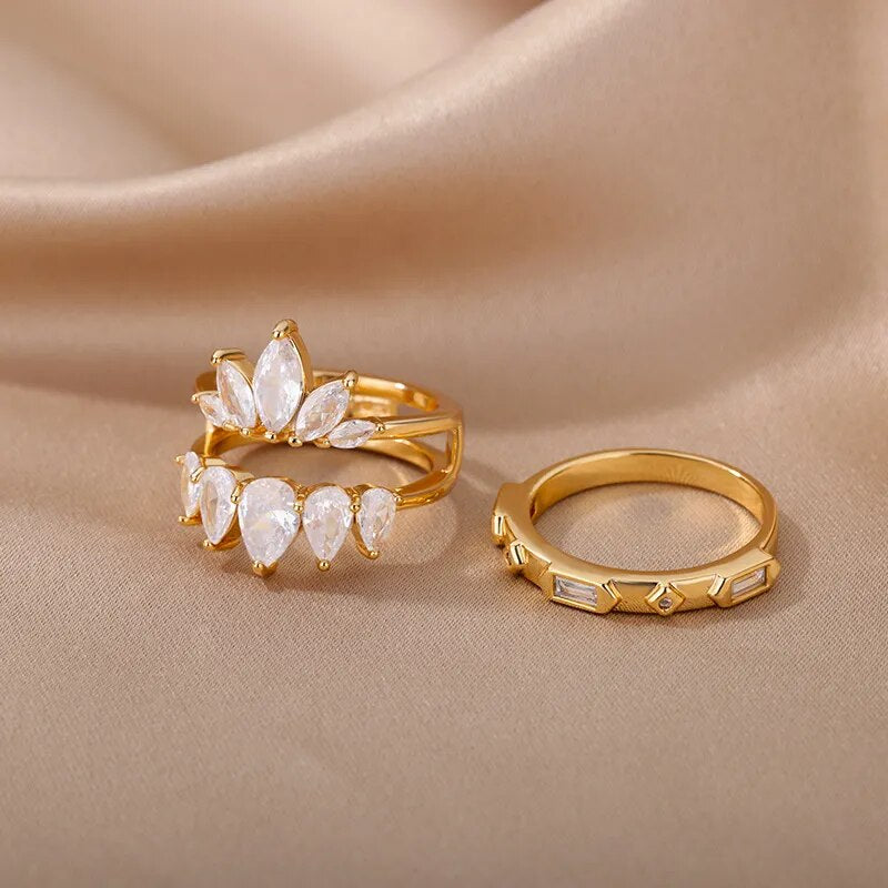 2pcs Luxury Double Lotus Ring For Women Fashion Gold Color Zircon Flower Couple Rings Charm Wedding Engagement Set Jewelry Gift