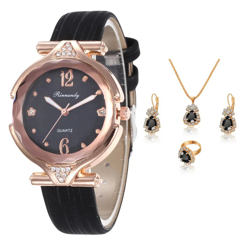 5pcs Set Fashion Women Watches Luxury Fine Ladies Wristwatch Necklace Female Ring Earring Gift Leather Quartz Watch reloj mujer