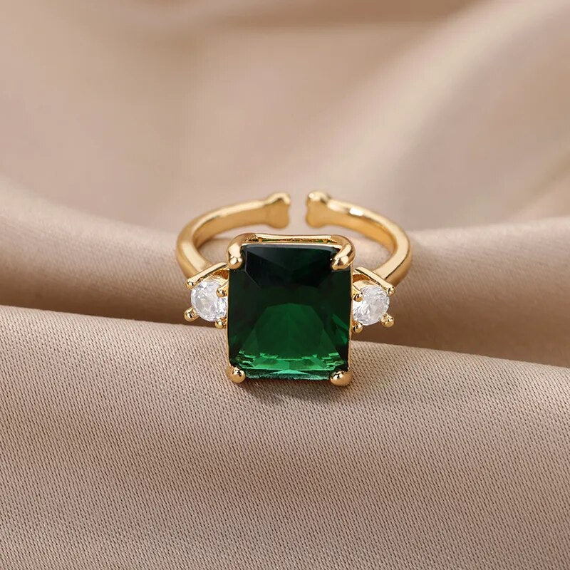 Elegant Green Zircon Rings For Women Bride Stainless Steel Square Adjustable Cubic Zirconia Ring Wedding Engagement Jewelry Gift