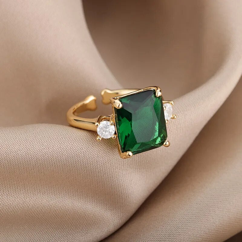 Elegant Green Zircon Rings For Women Bride Stainless Steel Square Adjustable Cubic Zirconia Ring Wedding Engagement Jewelry Gift