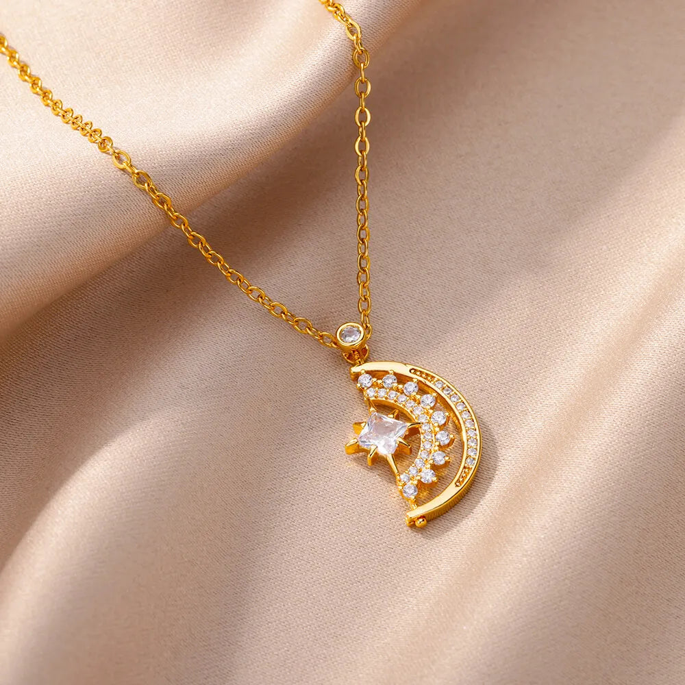 Fashion Zircon Moon Necklaces For Women Gold Color Stainless Steel Neck Chain Female Star Pendant Necklace Jewelry Gift