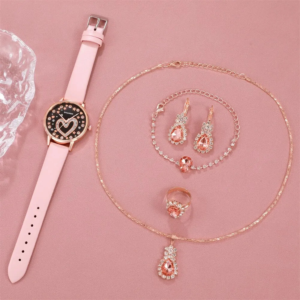 6PCS Set Women Love Dial Watch Brand Design Female Clock Pink Leather Band Ladies Watches Simple Casual Quartz Wristwatches