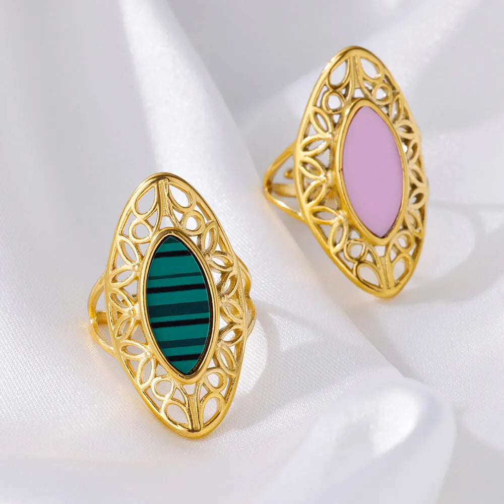 Green Natural Opal Stone Rings for Women Open Gold Color Stainless Steel Ring Bohemian Couple Aesthetic Jewelry anillos mujer