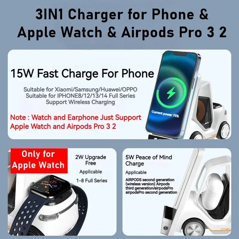 Alarm Clock Wireless Charger Station For Apple Watch Airpods Pro Car Design Night Light Charging Station For Iphone 11 12 13 14