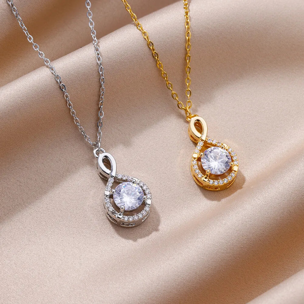 Stainless Steel Gold Plated Geometry Pendant Clavicle Chain Necklace For Women Luxury Zircon Choker Necklaces Wedding Party