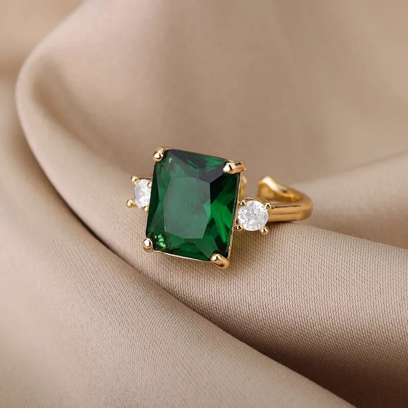 Elegant Green Zircon Rings For Women Bride Stainless Steel Square Adjustable Cubic Zirconia Ring Wedding Engagement Jewelry Gift