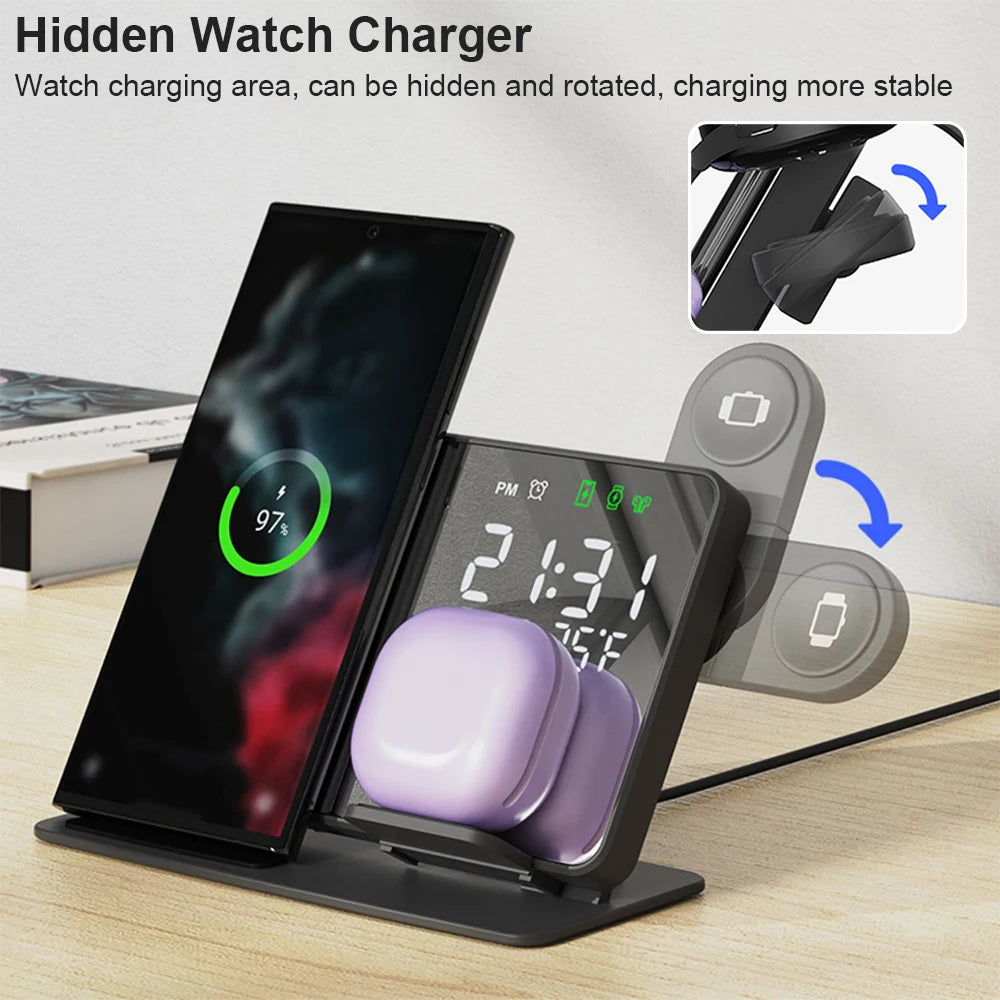 3 in 1 Wireless Charger For Samsung Galaxy Watch 6 5 Pro Fast Charging Station For Galaxy S23 S22 S21 Alarm Clock Chargers Stand