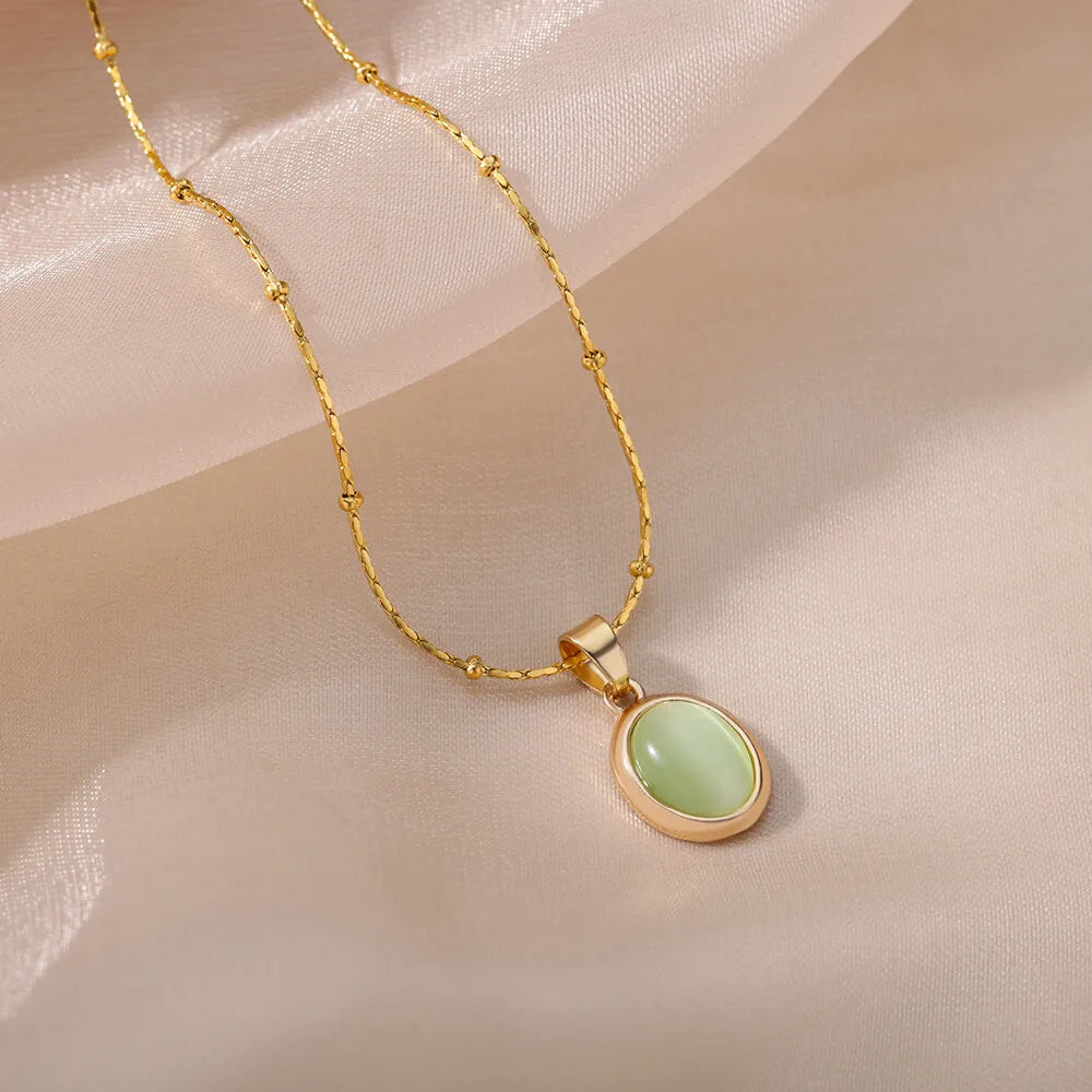 Round Natural Stone Necklace For Women Stainless Steel Opal Pendant Choker Necklaces Collar Chain Vintage Jewelry Gift