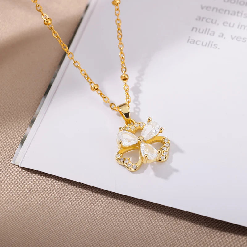 Rhinestone Clover Flower Necklace For Women Engagement Wedding Choker Necklace Collar Chain Vintage Jewelry Gift Bijoux