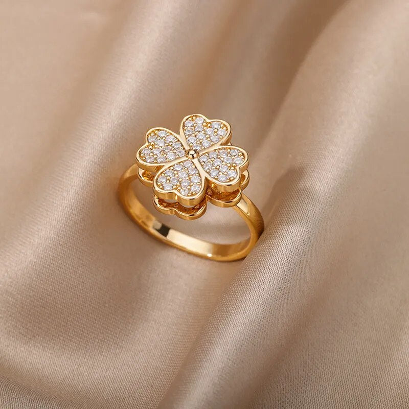 Adjustable Rotate Heart Four Leaf Clover Rings Rotatable Freely Relieving Anxiety Anti Stress Ring For Women Jewelry Gift 2022