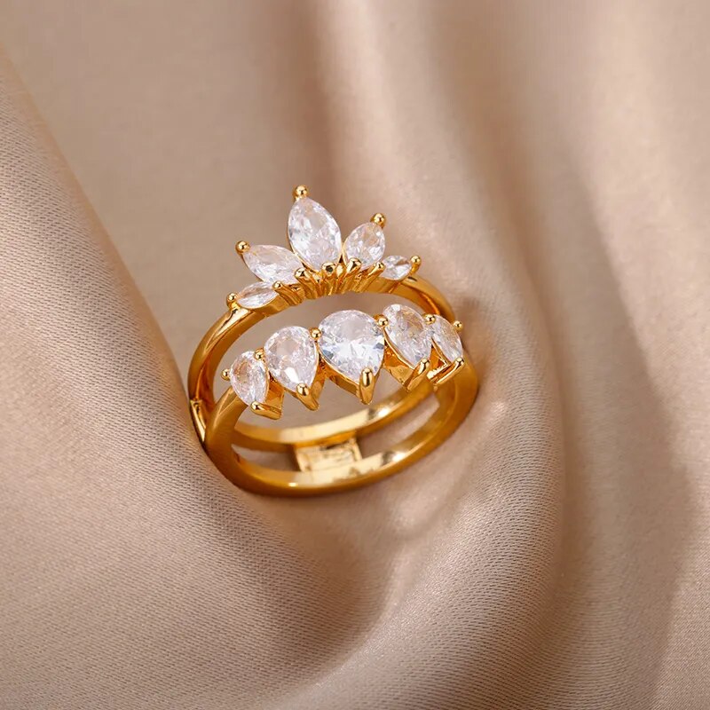 2pcs Luxury Double Lotus Ring For Women Fashion Gold Color Zircon Flower Couple Rings Charm Wedding Engagement Set Jewelry Gift