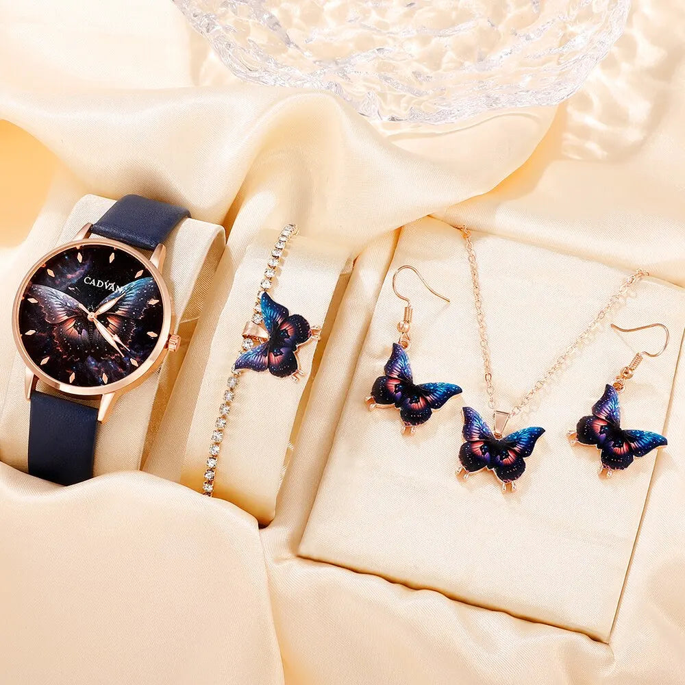 5PCS Set Women Fashion Butterfly Quartz Watch Brand Design Female Clock Leather Band Ladies Casual Wrist Watch Reloj Mujer