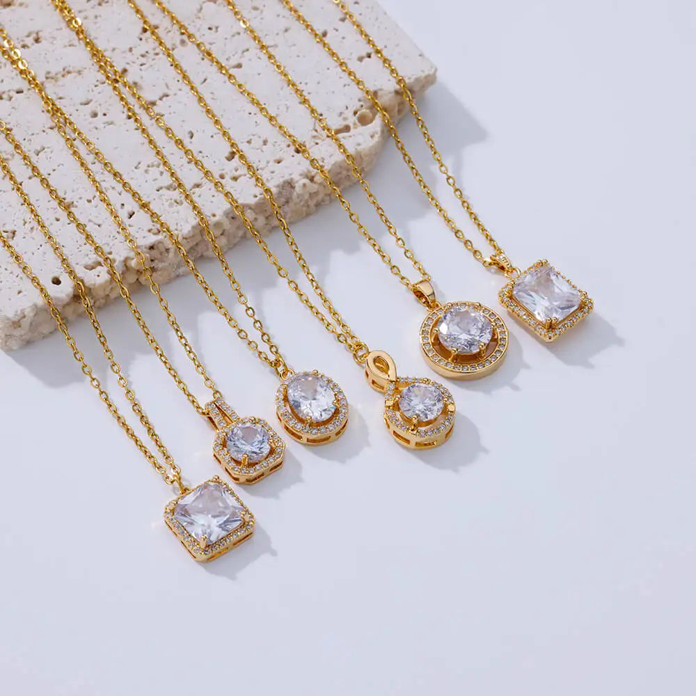 Stainless Steel Gold Plated Geometry Pendant Clavicle Chain Necklace For Women Luxury Zircon Choker Necklaces Wedding Party