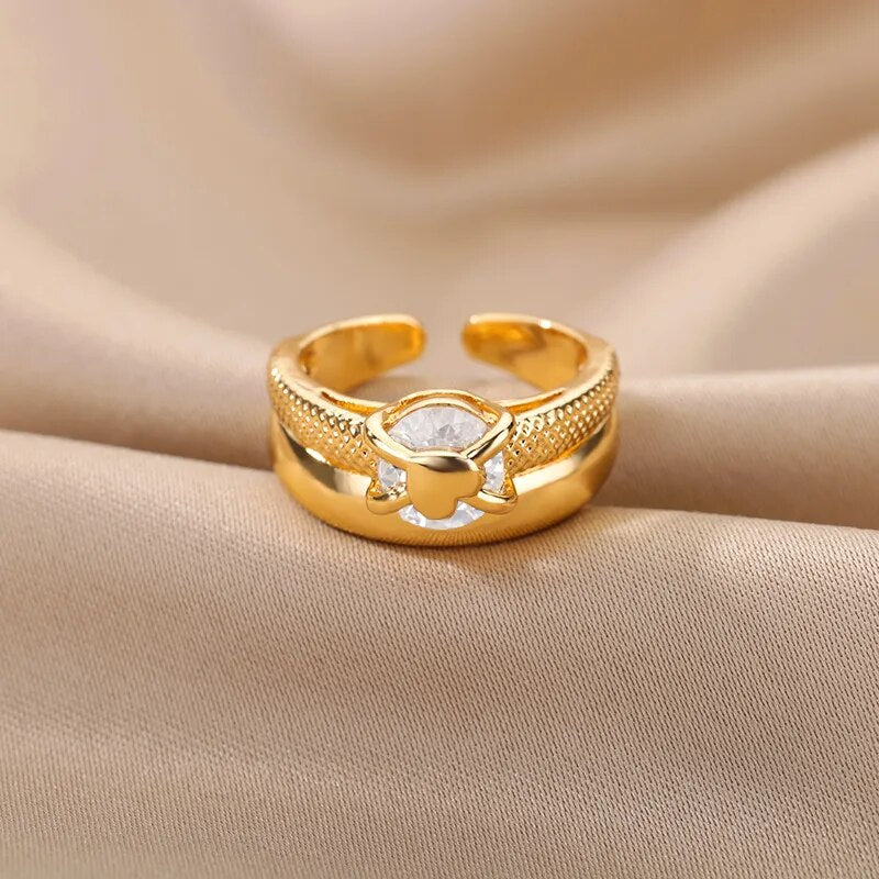 Double Layer Cross Heart Ring For Women Stainless Steel Round Zircon Open Adjustable Couple Ring Korean Fashion Wedding Jewelry