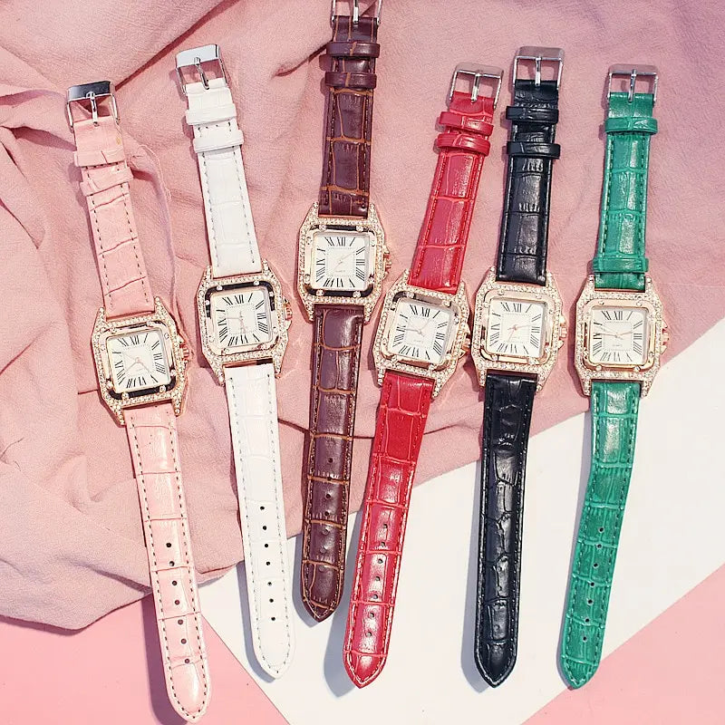 2Pcs Set Women Diamond Watch Starry Square Dial Bracelet Watches Set Ladies Leather Band Quartz Wristwatch Female Clock