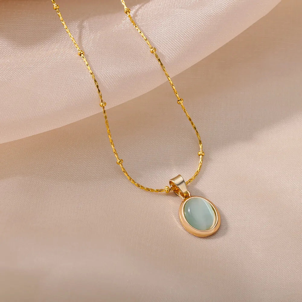 Round Natural Stone Necklace For Women Stainless Steel Opal Pendant Choker Necklaces Collar Chain Vintage Jewelry Gift