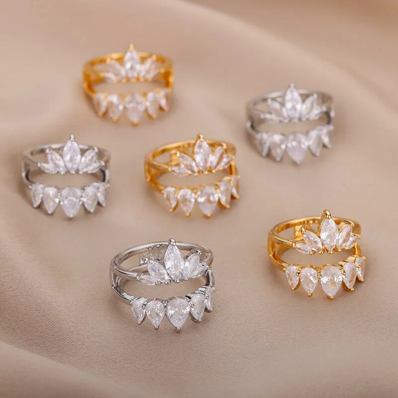 2pcs Luxury Double Lotus Ring For Women Fashion Gold Color Zircon Flower Couple Rings Charm Wedding Engagement Set Jewelry Gift