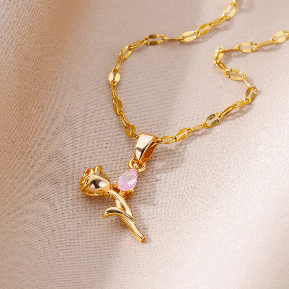 Rose Flower Pendant Necklaces For Women Gold Plated Stainless Steel Colorful Zircon Necklace Clavicle Chain Wedding Jewelry Gift