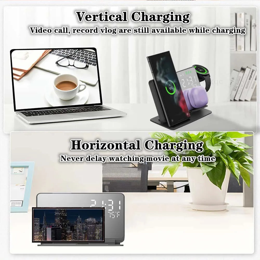 3 in 1 Wireless Charger For Samsung Galaxy Watch 6 5 Pro Fast Charging Station For Galaxy S23 S22 S21 Alarm Clock Chargers Stand