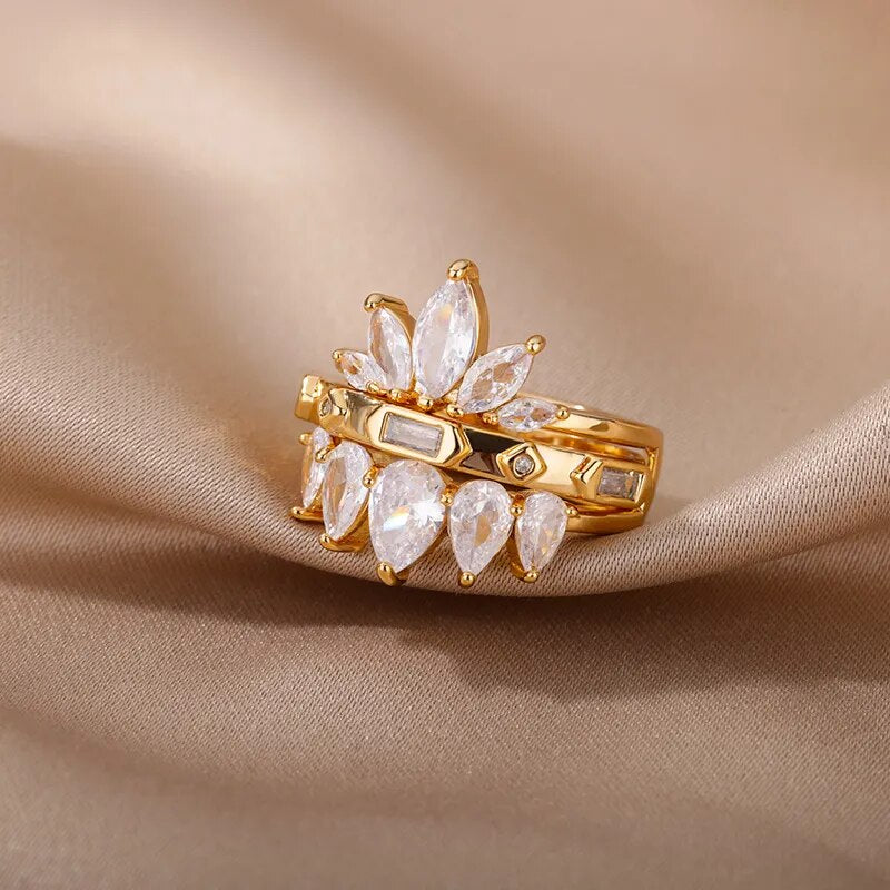 2pcs Luxury Double Lotus Ring For Women Fashion Gold Color Zircon Flower Couple Rings Charm Wedding Engagement Set Jewelry Gift