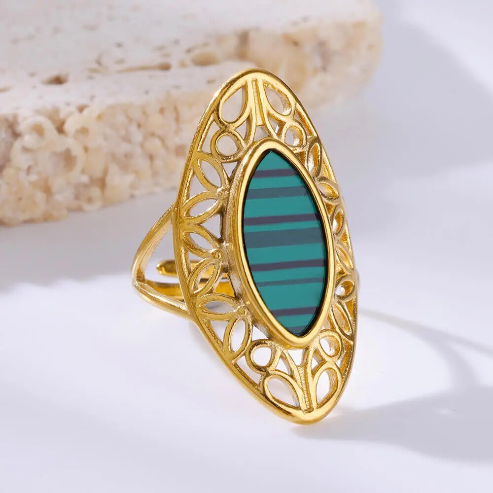 Green Natural Opal Stone Rings for Women Open Gold Color Stainless Steel Ring Bohemian Couple Aesthetic Jewelry anillos mujer