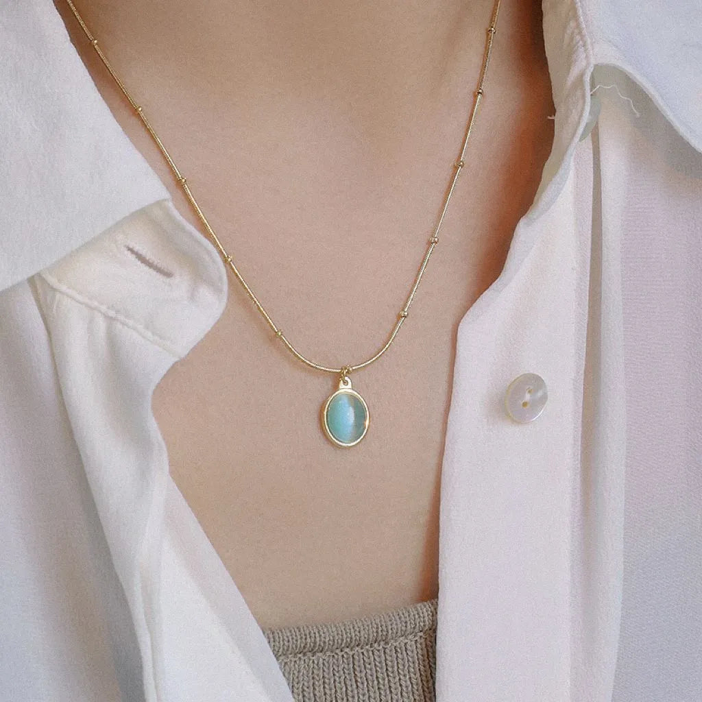 Round Natural Stone Necklace For Women Stainless Steel Opal Pendant Choker Necklaces Collar Chain Vintage Jewelry Gift