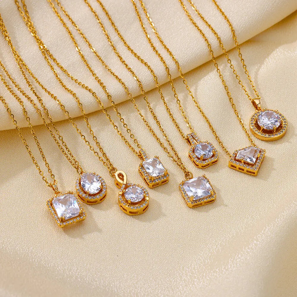 Stainless Steel Gold Plated Geometry Pendant Clavicle Chain Necklace For Women Luxury Zircon Choker Necklaces Wedding Party