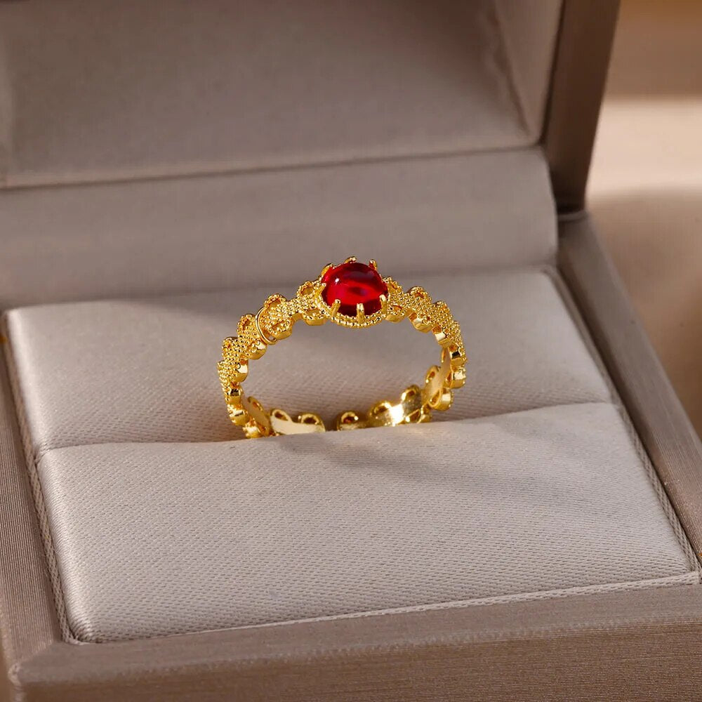 Round Red Opal Rings For Women Gold Color Stainless Steel Adjustable Wedding Ring Fashion Aesthetic Jewelry Gift bague femme