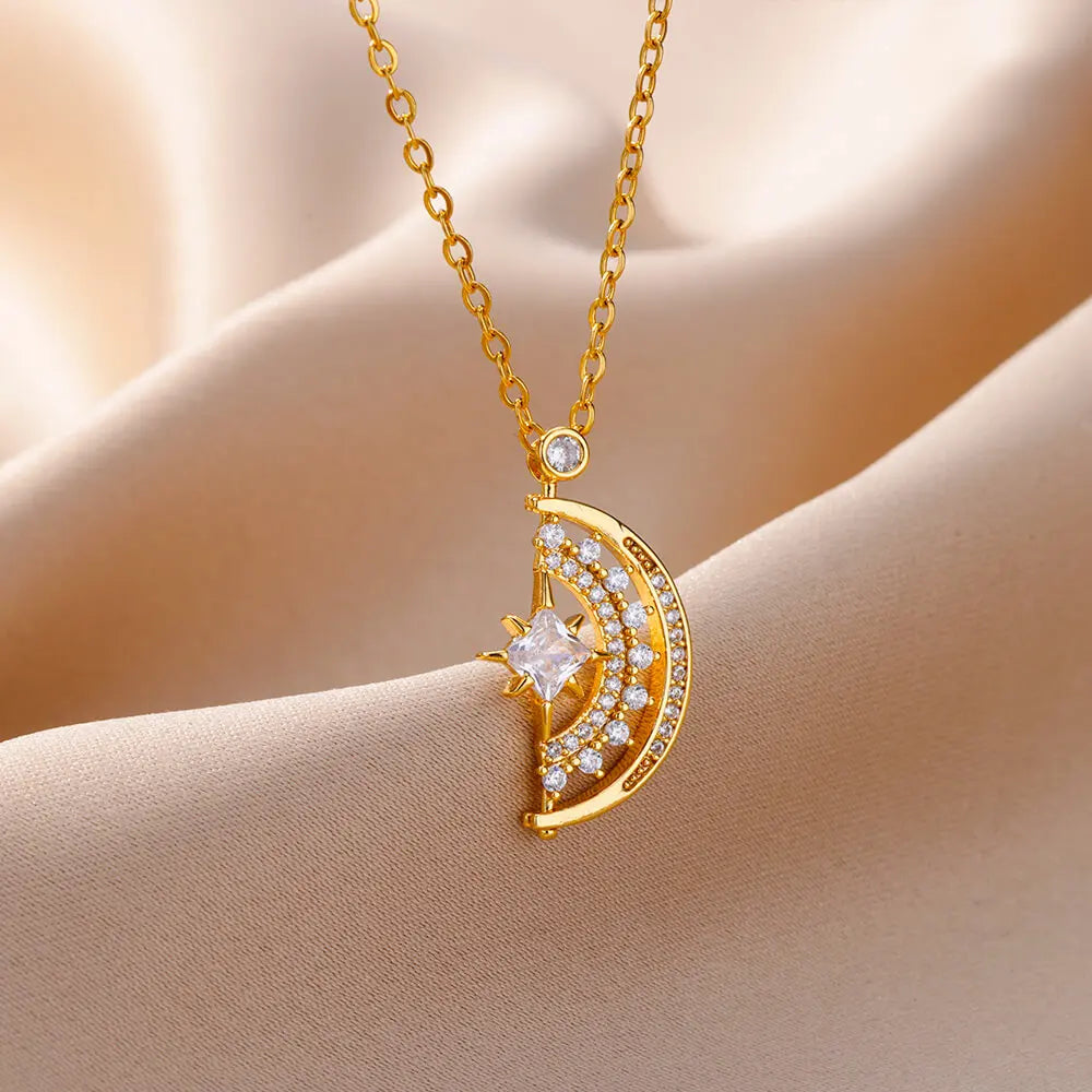 Fashion Zircon Moon Necklaces For Women Gold Color Stainless Steel Neck Chain Female Star Pendant Necklace Jewelry Gift