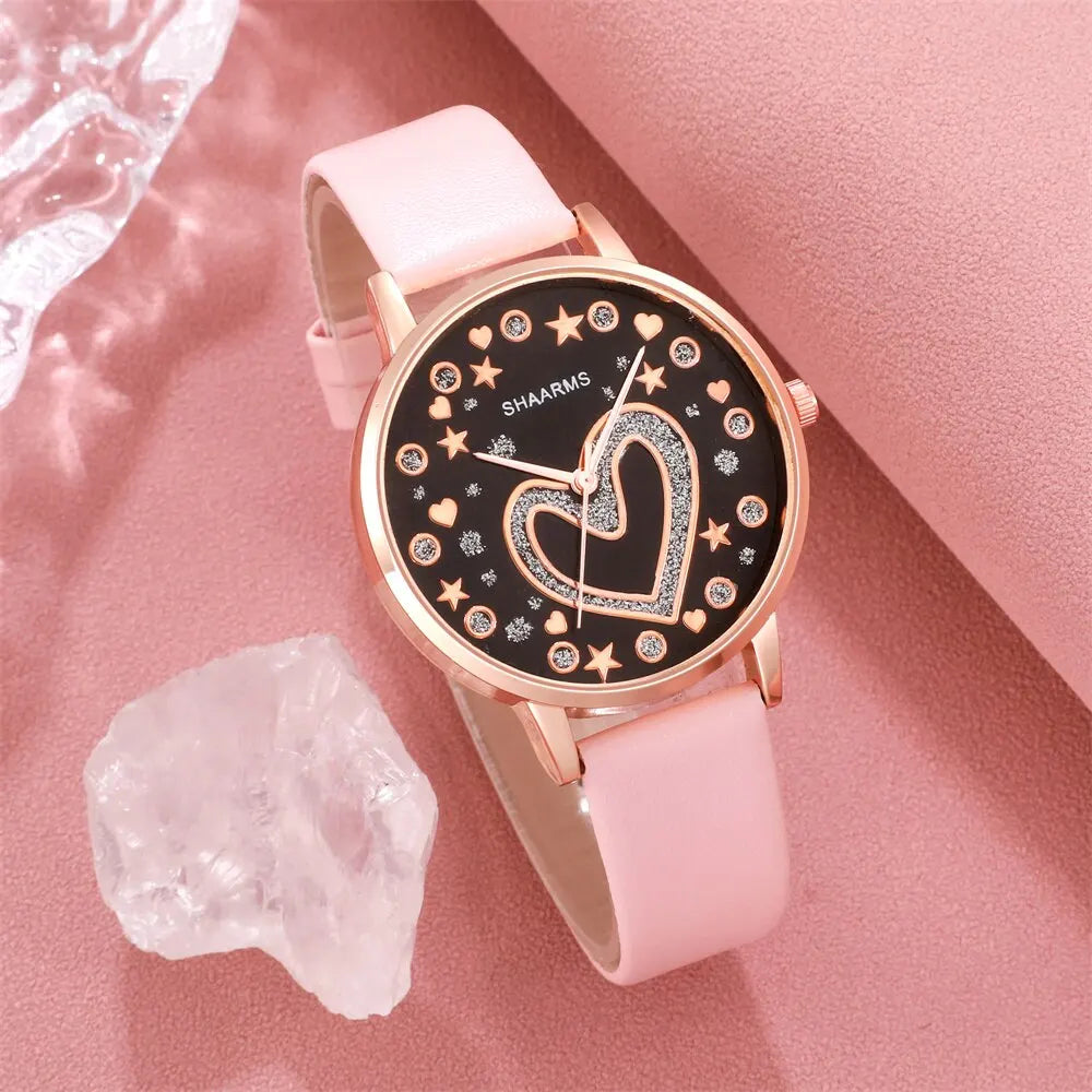 6PCS Set Women Love Dial Watch Brand Design Female Clock Pink Leather Band Ladies Watches Simple Casual Quartz Wristwatches