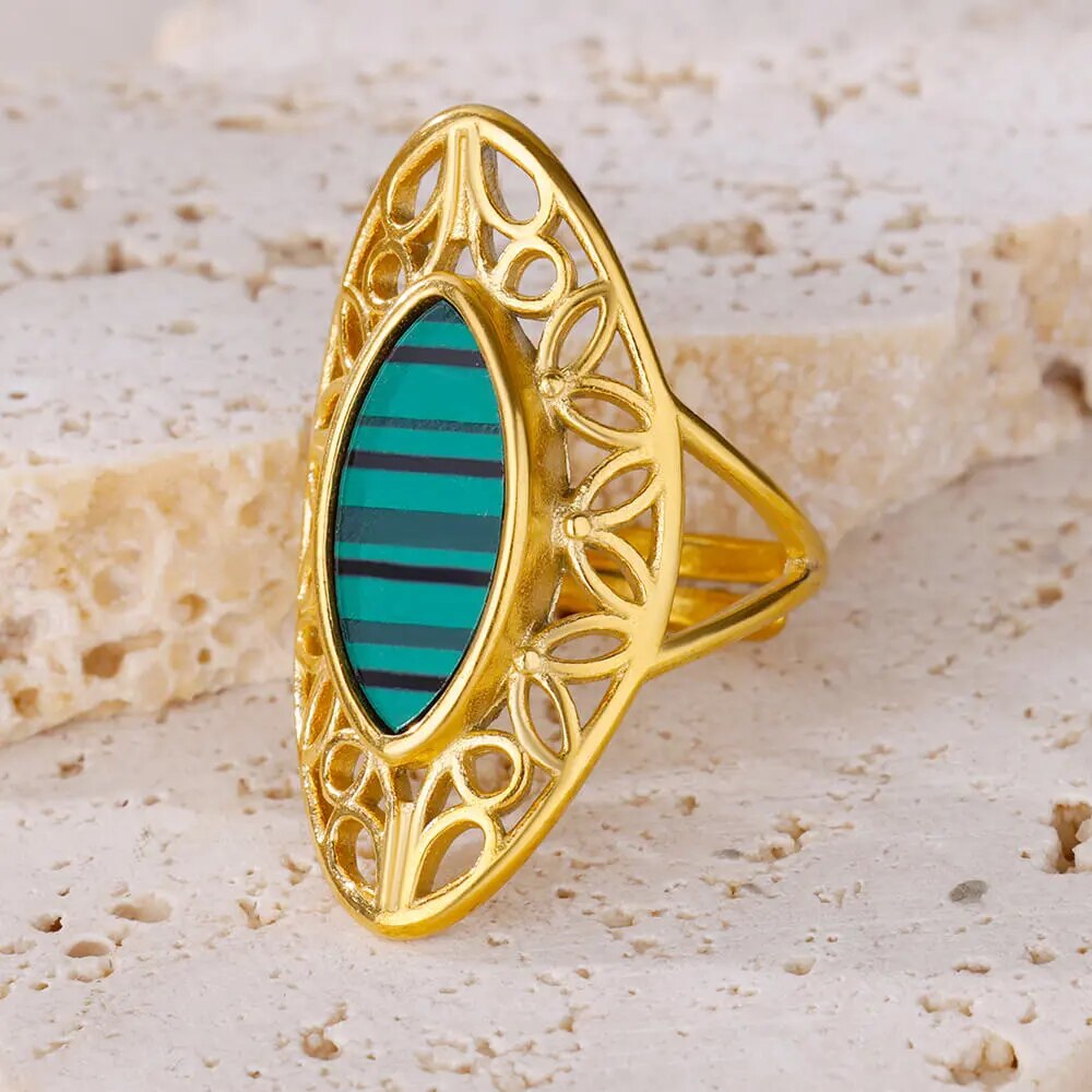 Green Natural Opal Stone Rings for Women Open Gold Color Stainless Steel Ring Bohemian Couple Aesthetic Jewelry anillos mujer