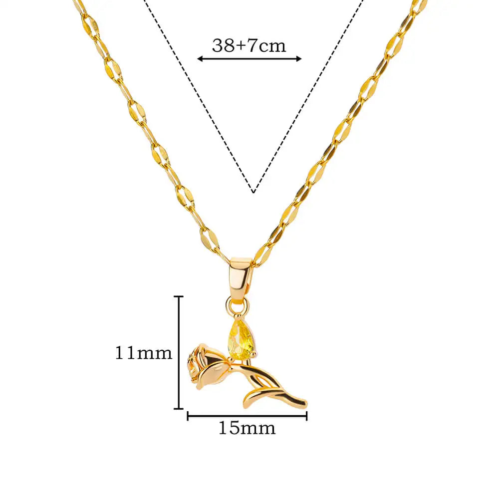 Rose Flower Pendant Necklaces For Women Gold Plated Stainless Steel Colorful Zircon Necklace Clavicle Chain Wedding Jewelry Gift