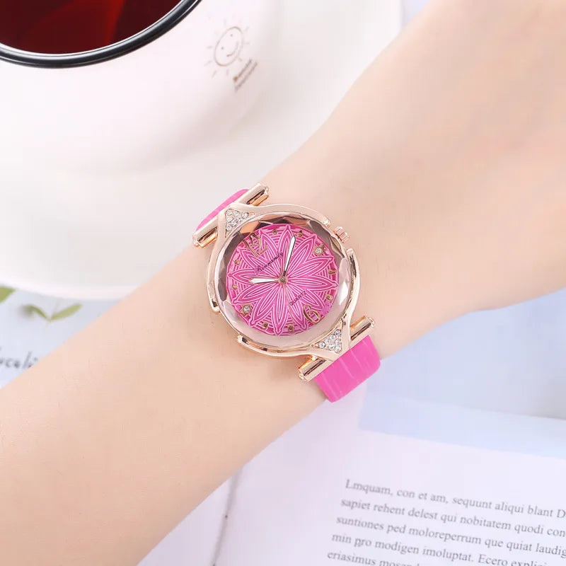 5pcs Set Fashion Women Watches Luxury Fine Ladies Wristwatch Necklace Female Ring Earring Gift Leather Quartz Watch reloj mujer