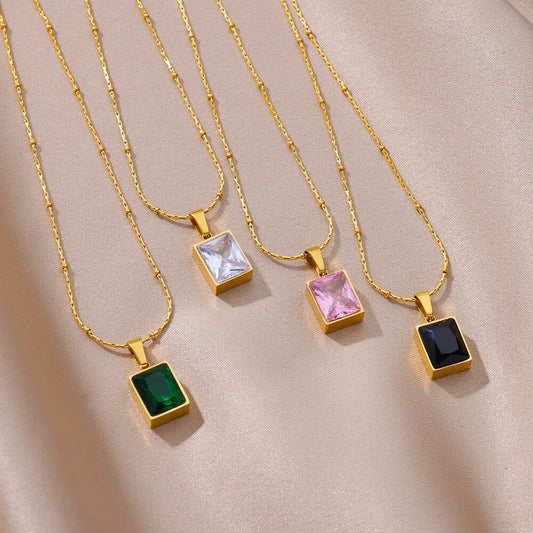 Vintage Square Zircon Pendant Necklaces For Women Gold Plated Stainless Steel Colored Crystal Clavicle Chain Necklace Jewelry