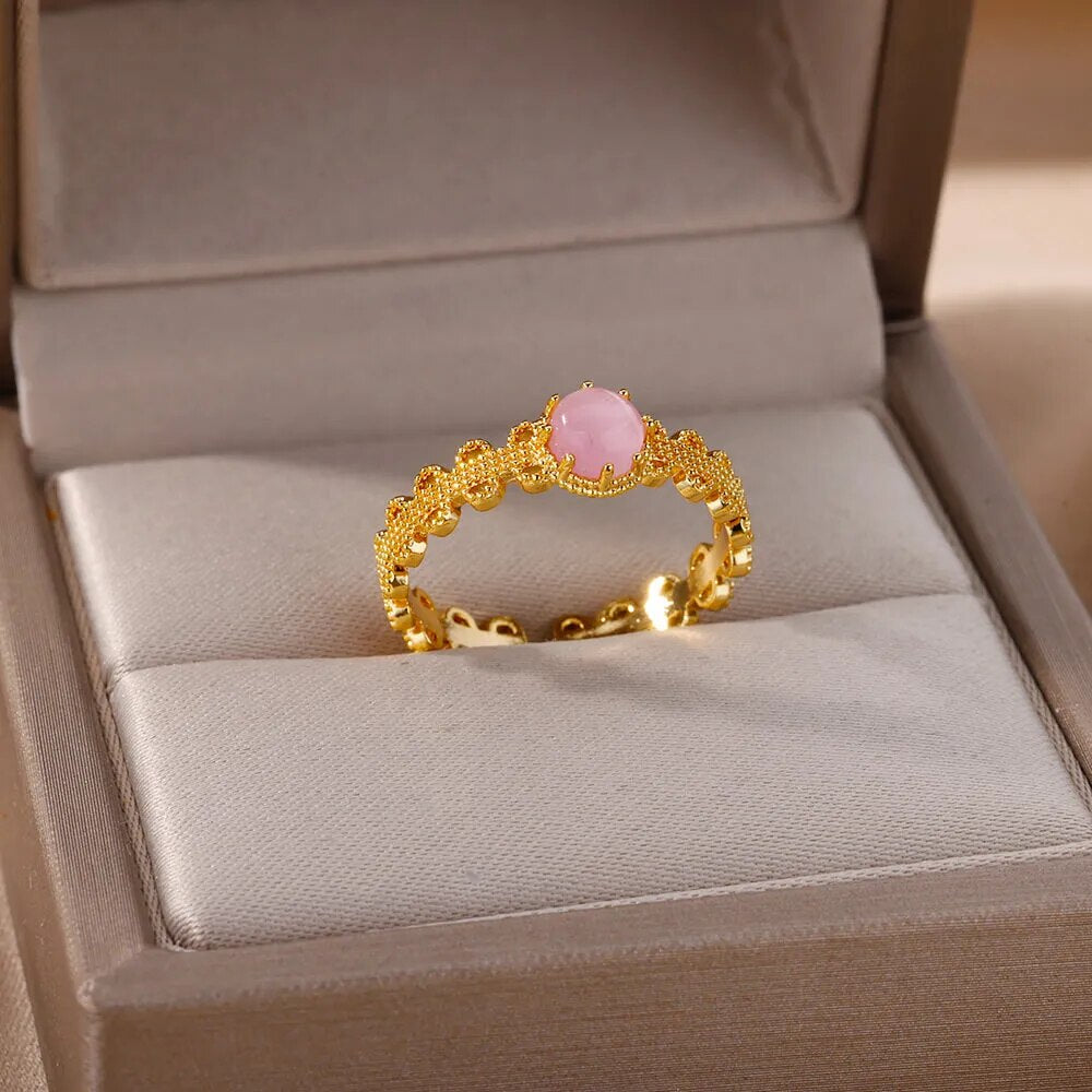 Round Red Opal Rings For Women Gold Color Stainless Steel Adjustable Wedding Ring Fashion Aesthetic Jewelry Gift bague femme