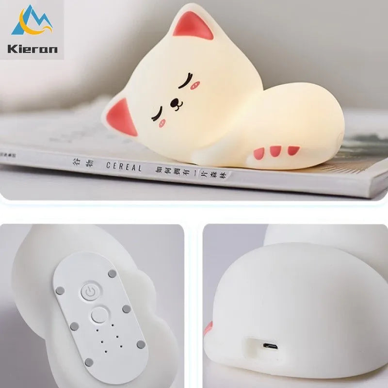 Soft Silicone Cat Seven Colors LED Night Lights USB Rechargeable Children Baby Kids Night Lamp Creative Cartoon Room Decor Light