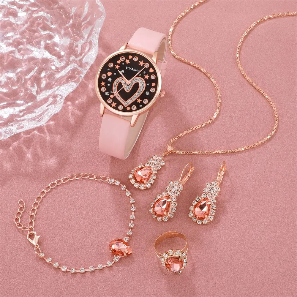 6PCS Set Women Love Dial Watch Brand Design Female Clock Pink Leather Band Ladies Watches Simple Casual Quartz Wristwatches